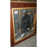 A framed and glazed print depicting a church door with choir boys.