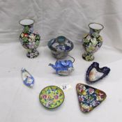 A mixed lot of cloissonne and other enamel ware including vases, pin trays, teapot etc.