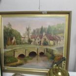 An oil on canvas village scene signed R B Underhill, 1874.
