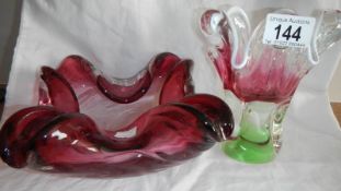 A Murano glass bowl and a Bohemian glass vase.