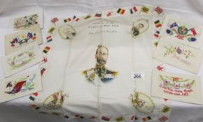 A WW1 allies souvenir handkerchief and 7 WW1 silk greeting cards.