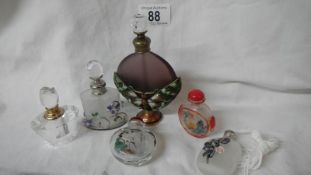 6 assorted perfume bottles including 2 hand painted.