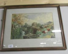 A framed and glazed rural water colour with cattle.