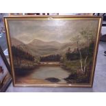 An oil on canvas lake and mountain scene.