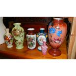 A quantity of hand painted glass vases and a pink glass vase.
