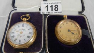 A ladies gold coloured fob watch in working order and one other in need of slight attention.