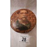 A good old wooden string box with picture of Charles Dickens on the reed work backing.