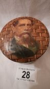 A good old wooden string box with picture of Charles Dickens on the reed work backing.