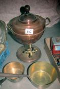 A copper samovar urn and 2 brass pans.