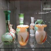 A mixed lot of coloured glass vases, some hand painted.