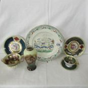 A mixed lot including Farmers Arms plate, tea cups, saucers etc.