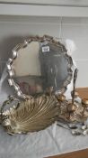 A mixed lot of silver plate including egg cup stand, tray, fruit basket etc.