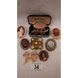 8 vintage brooches, a scarf clip, a Victorian swivel photo frame and 7 other items.