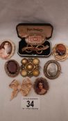 8 vintage brooches, a scarf clip, a Victorian swivel photo frame and 7 other items.