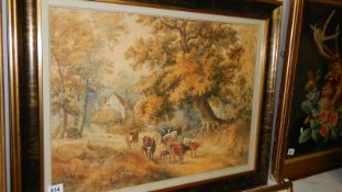 A framed and glazed rural scene with cattle signed P Worley.