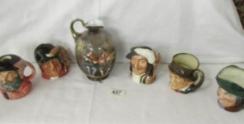 5 Royal Doulton character jugs and an unmarked vase.