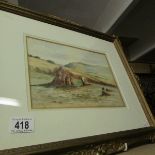 A framed and glazed watercolour of a hay field, signed but indistinct,