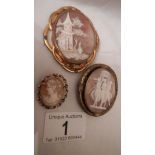 3 old cameo brooches (cameos in good condition but mounts need attention).