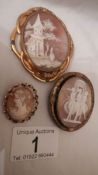 3 old cameo brooches (cameos in good condition but mounts need attention).