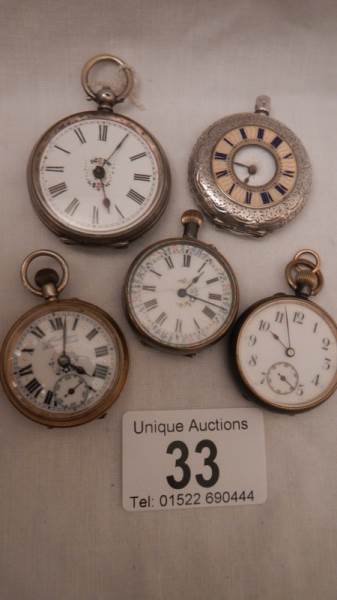 5 ladies fob watches for spares or repair (2 with silver cases and 3 with metal cases).