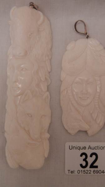 4 interesting bone and mother of pearl pendants etc., depicting animals and female figures. - Image 2 of 4