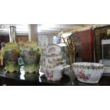 A pair of hand painted vases and a quantity of Copeland tea ware.