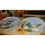 A pair of hand painted bird decorated wall plates.