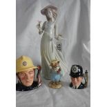 A NAO tall female figure, 2 Royal Doulton character jugs and a Beatrix Potter figure.