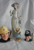 A NAO tall female figure, 2 Royal Doulton character jugs and a Beatrix Potter figure.