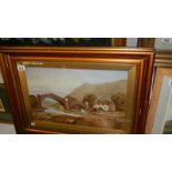 A framed and glazed watercolour rural scene with bridge.