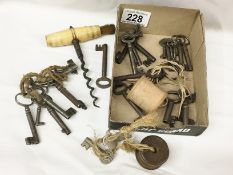 A mixed lot of old keys and a corkscrew.