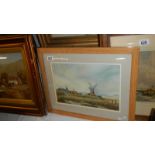 A framed and glazed watercolour with windmill.