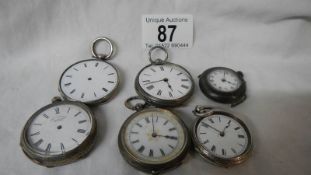 6 ladies fob watch movements for spares or repair, 5 silver cased and one metal.