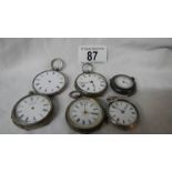 6 ladies fob watch movements for spares or repair, 5 silver cased and one metal.