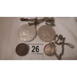 2 silver crowns dated 1890 and 1892 with silver Albert chain,