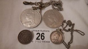 2 silver crowns dated 1890 and 1892 with silver Albert chain,