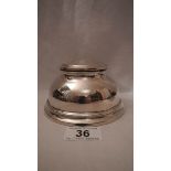 A good old silver inkwell (missing liner), 4.75" diameter and 2.25" tall. Hall marks rubbed.