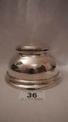 A good old silver inkwell (missing liner), 4.75" diameter and 2.25" tall. Hall marks rubbed.