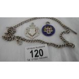 2 silver watch fobs on silver chains, approximately 56 grams.