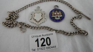 2 silver watch fobs on silver chains, approximately 56 grams.