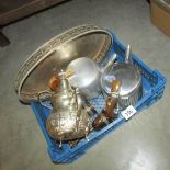 A box of metal ware including tray, teapots etc.