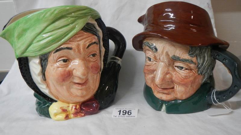 2 large Royal Doulton character jugs, Sairey Gamp D5451 and Uncle Tom Cobbliegh.
