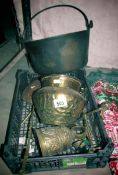 A box of brass and copper ware including jam pan.