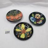 3 assorted Moorcroft pin dishes.
