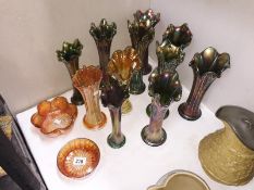 11 carnival glass style posy vases and 2 dishes