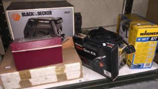 A quantity of electrical tools including circular saw, planer, spray gun etc.