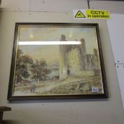 A framed and glazed ruined castle scene.