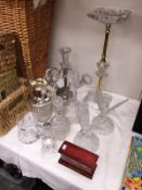 10 assorted glass items including decanters, bird figures, smoker's stand etc.