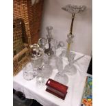 10 assorted glass items including decanters, bird figures, smoker's stand etc.