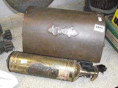 An Edwardian copper foot warmer and a brass Rexet fire extinguisher